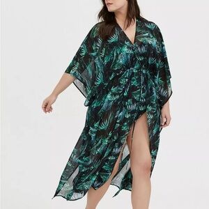 Torrid Black Green Palm Maxi Chiffon Coverup Kimono Tropical Leaf Print Swim 1/2
